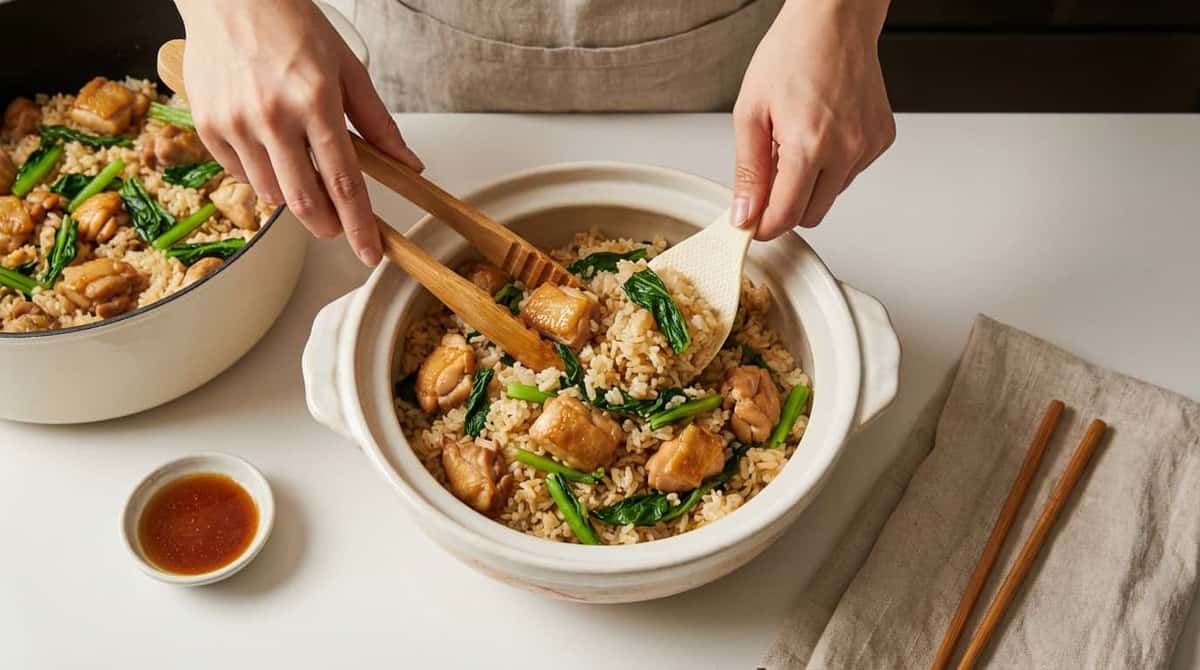 鶏むね肉と小松菜の甘酢炊き込みご飯【炊飯器で簡単】（完成イメージ）