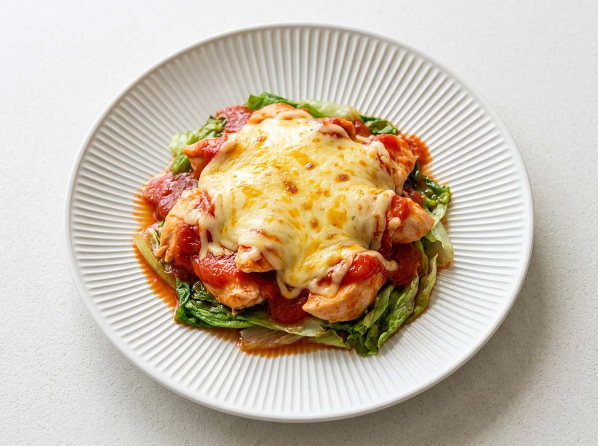 鶏むねとレタスのトマト缶レンジ蒸し