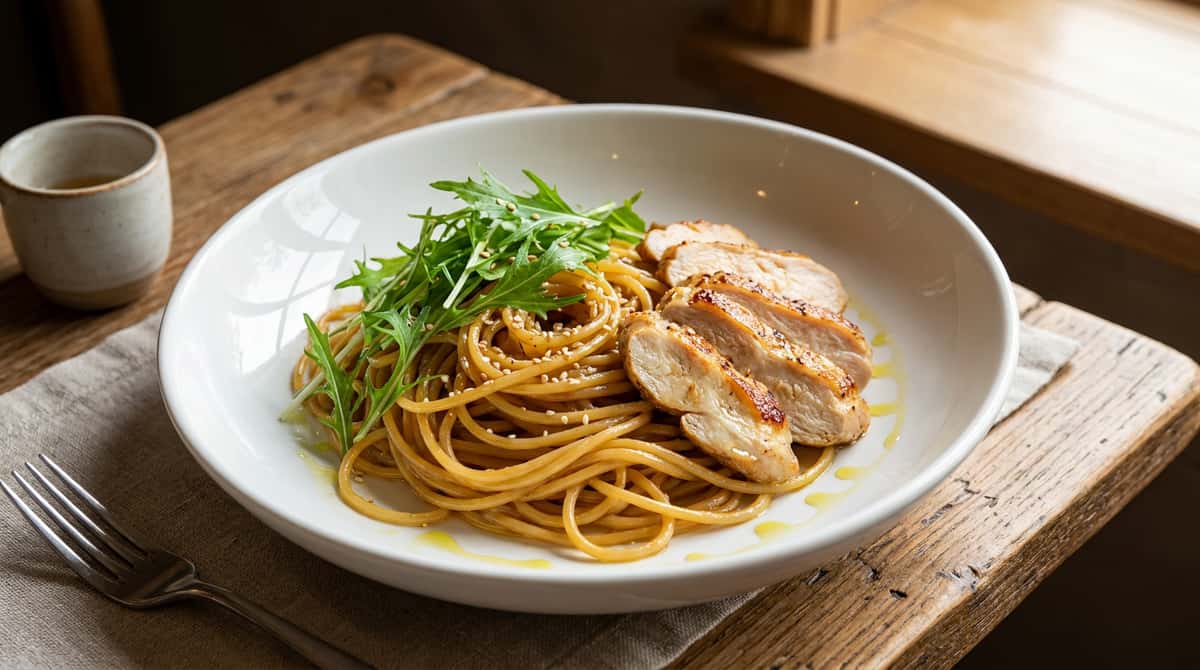 鶏むね肉と水菜のさっぱり味噌パスタ（完成イメージ）