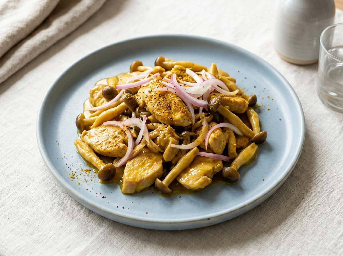 鶏むねとしめじのカレーマヨ炒め