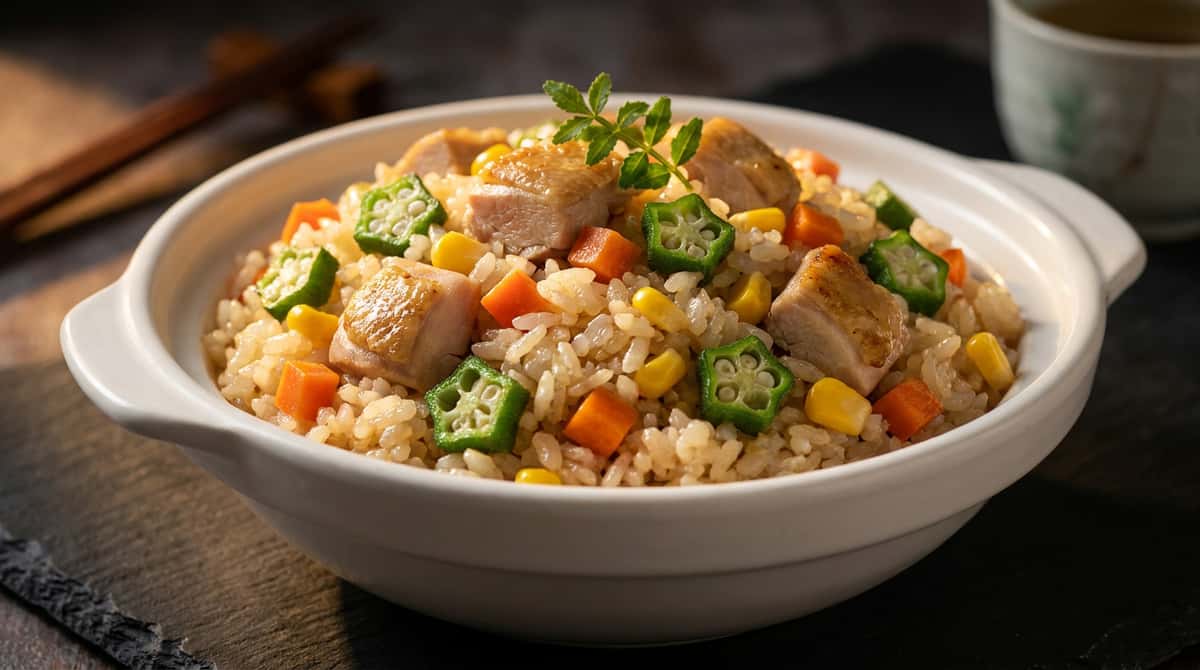 鶏むね肉とオクラのコンソメ炊き込みご飯（完成イメージ）