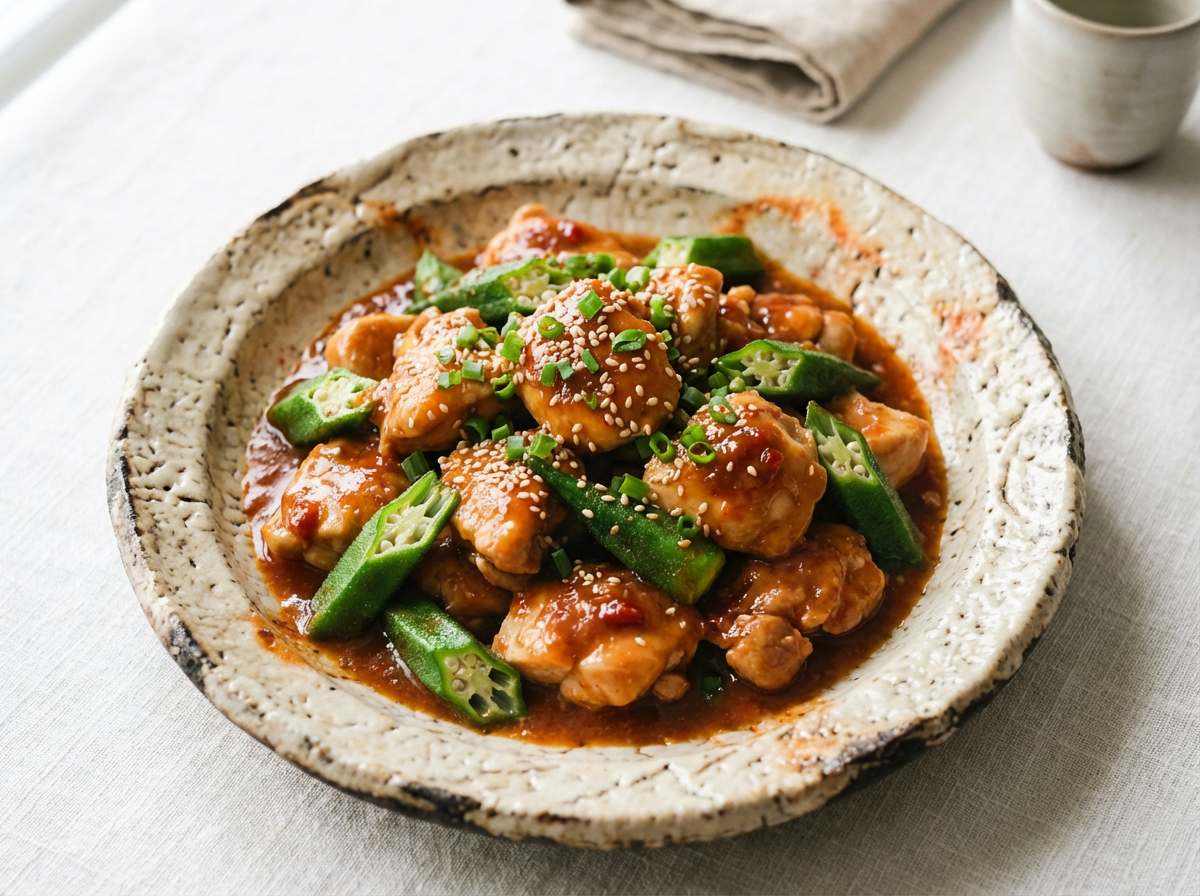 鶏むね肉とオクラのピリ辛味噌煮