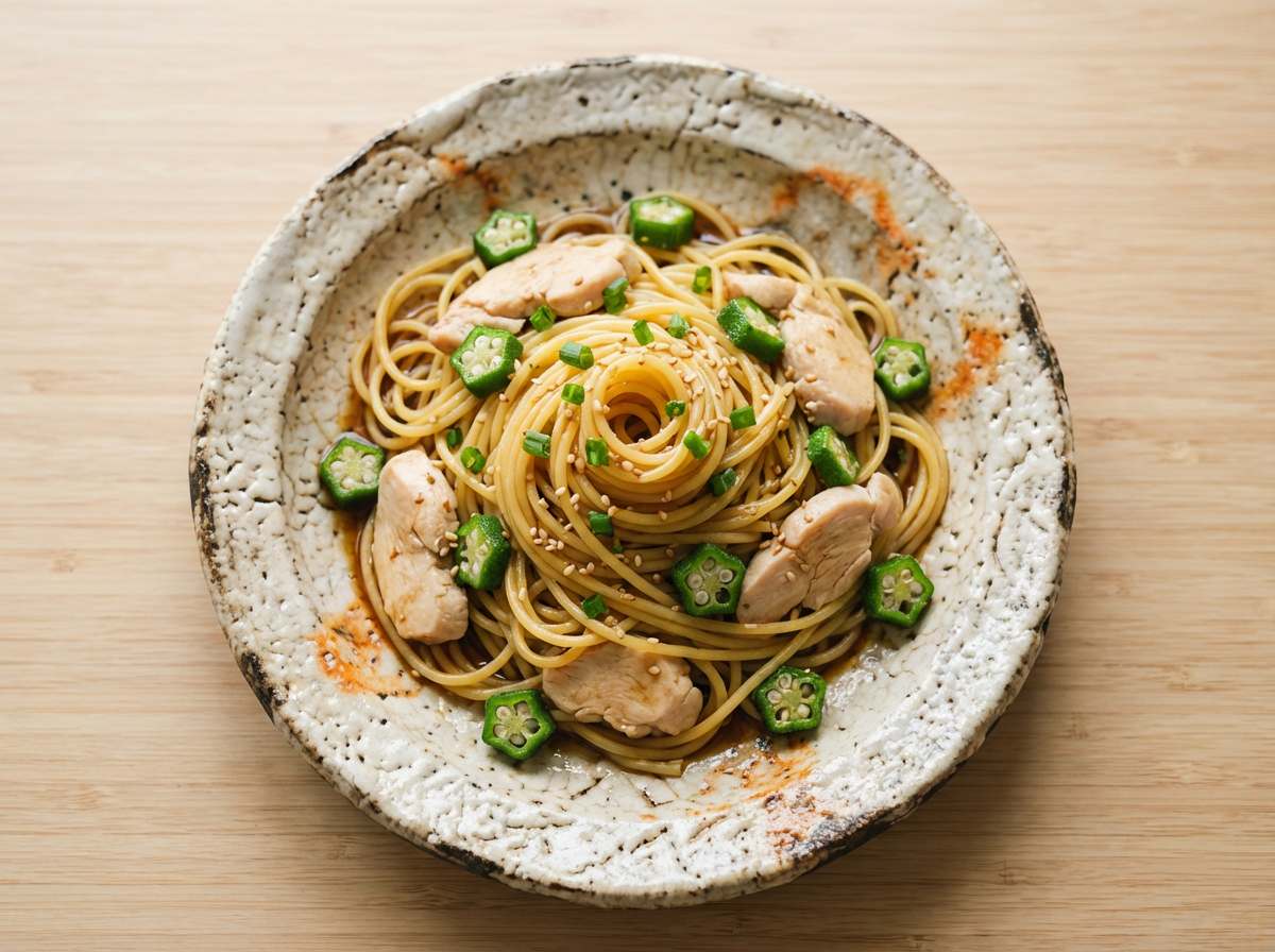 鶏むね肉とオクラのしょうゆ香る糖質オフ和風パスタ