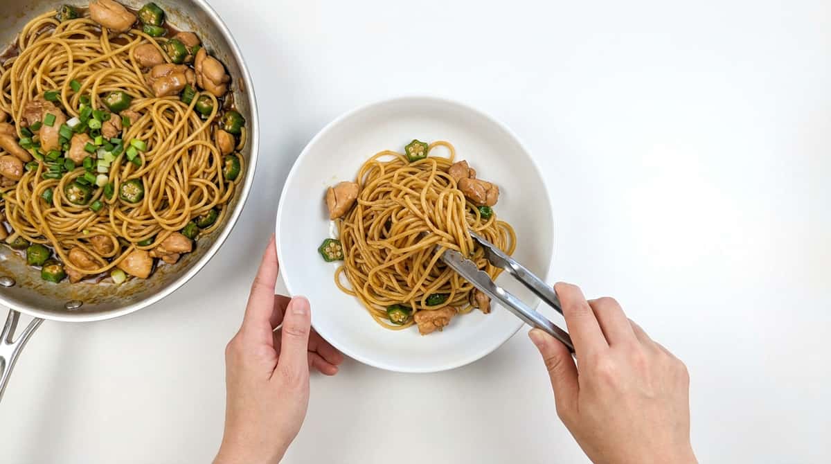 鶏むね肉とオクラのしょうゆ香る糖質オフ和風パスタ（完成イメージ）
