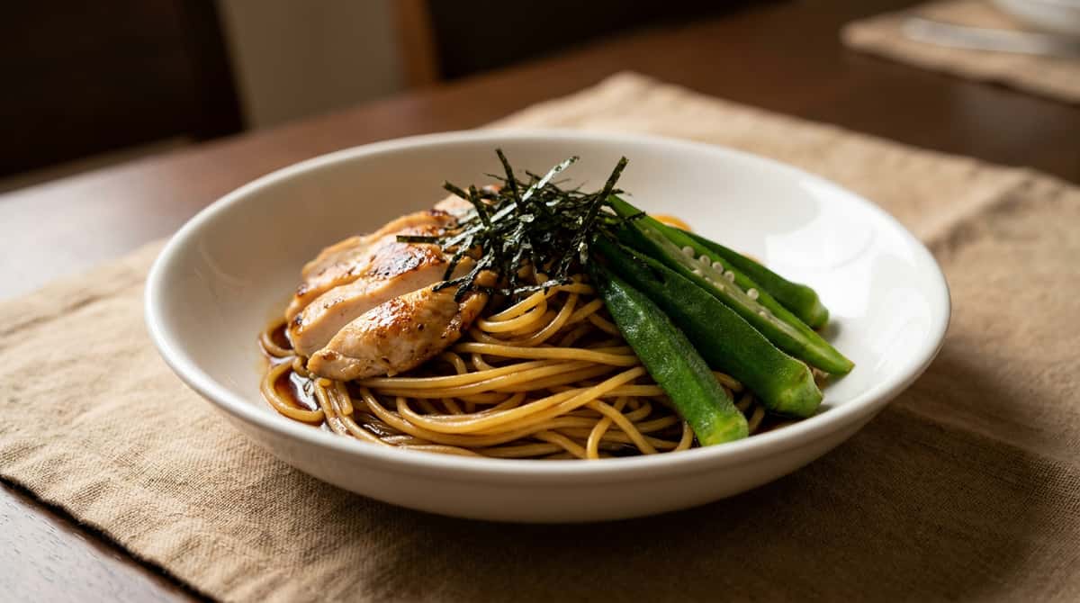 鶏むね肉とオクラのしょうゆ香る糖質オフ和風パスタ（完成イメージ）
