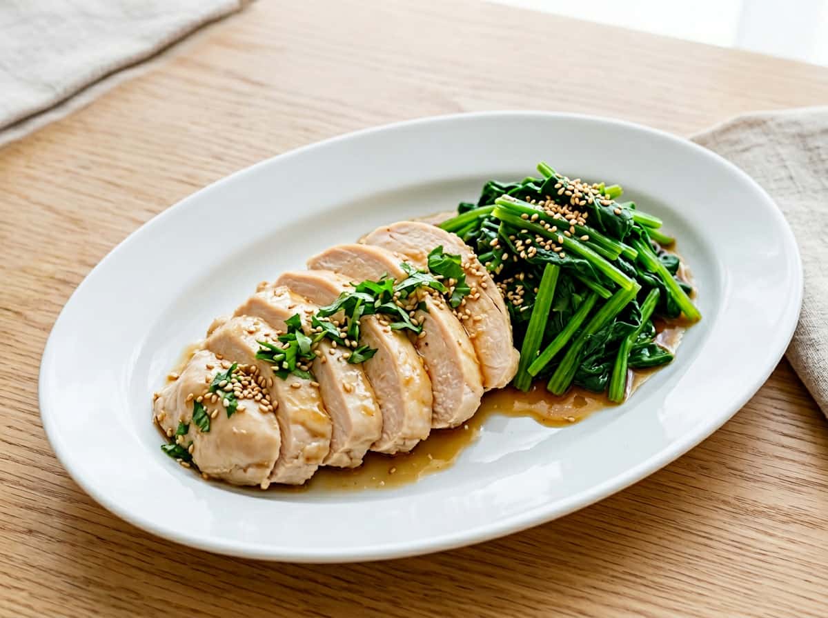 鶏むね肉とほうれん草のめんつゆ蒸し