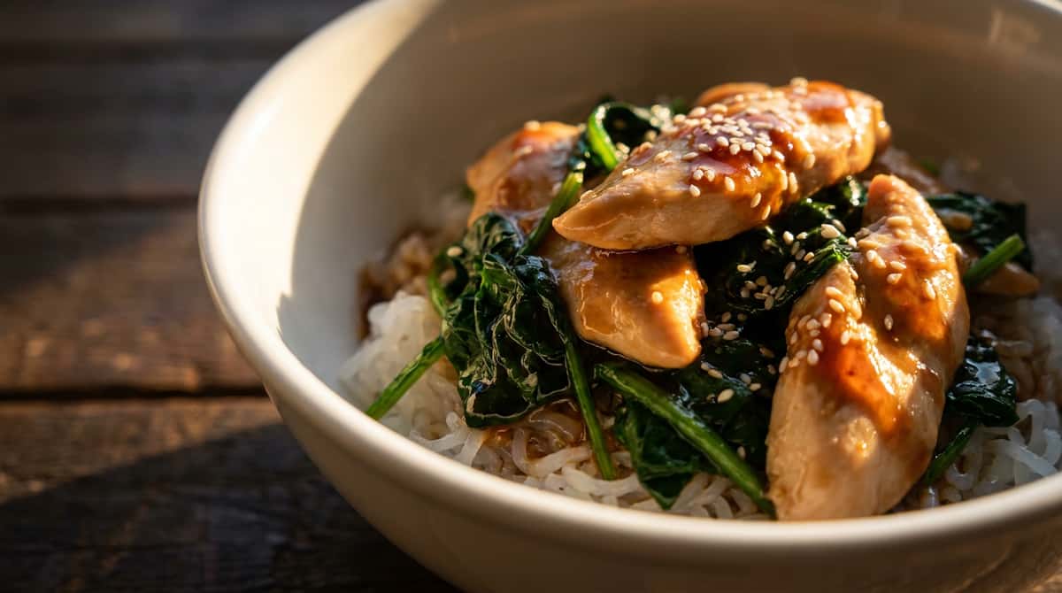 鶏むねとほうれん草のオイスターソース丼（しらたきライス）（完成イメージ）