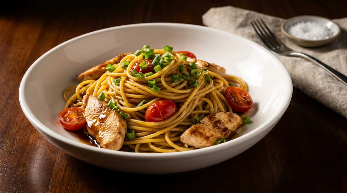 鶏むね肉とトマトのオイスターソースパスタ（完成イメージ）