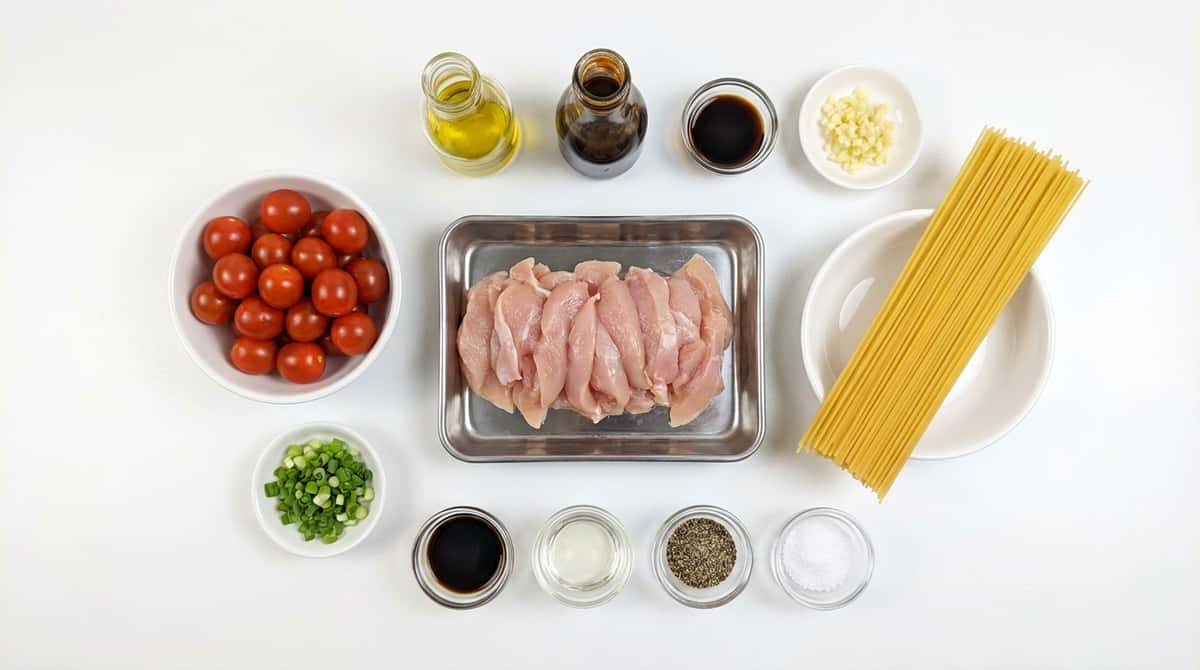 鶏むね肉とトマトのオイスターソースパスタ（材料）