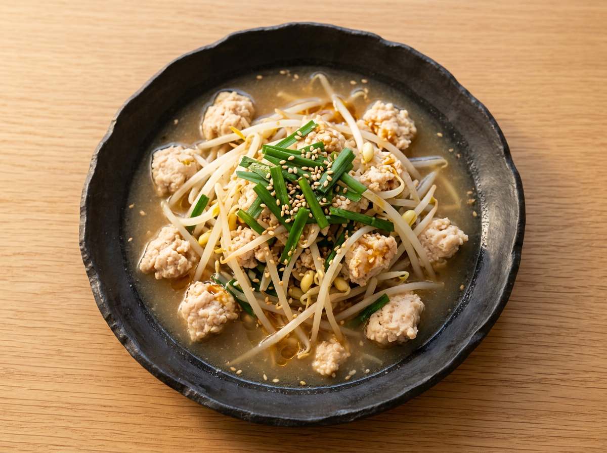 鶏ひき肉ともやしのめんつゆ煮