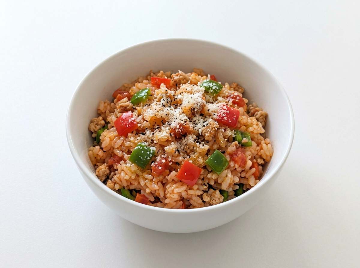 鶏ひき肉とピーマンのトマト炊き込みご飯