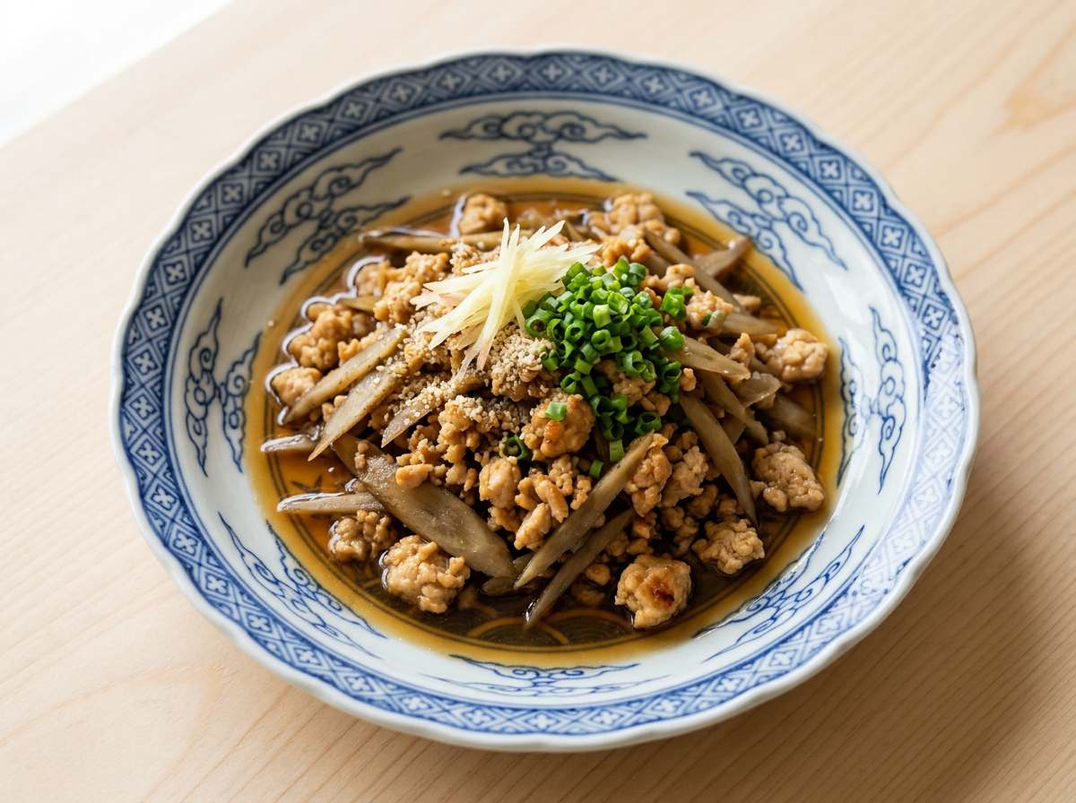 鶏ひき肉とごぼうのめんつゆさっぱり漬け
