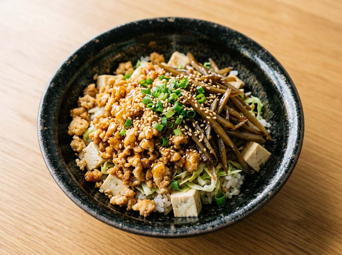 鶏そぼろとごぼうのポン酢ヘルシー丼