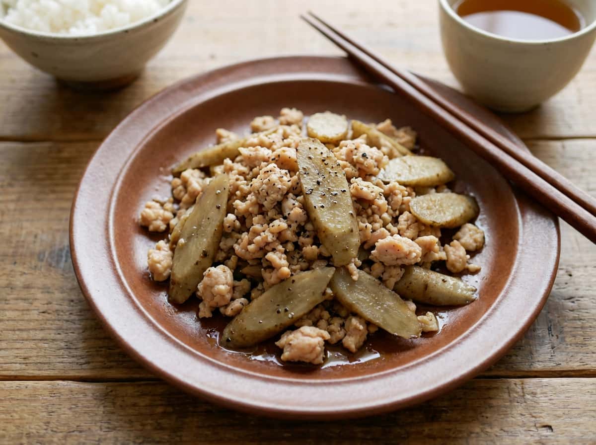 鶏ひき肉とごぼうの塩こしょう炒め