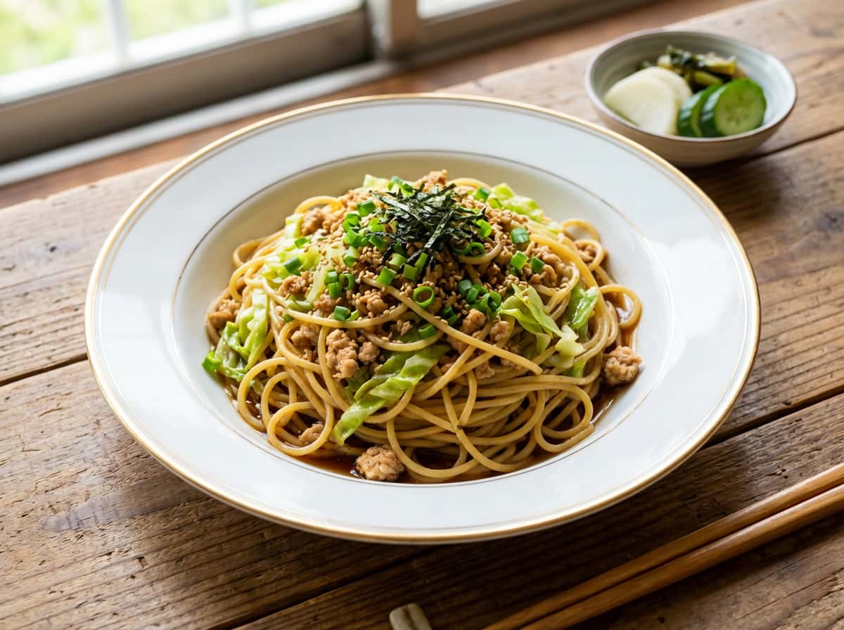 鶏ひき肉とキャベツのめんつゆ冷製パスタ（おつまみ）