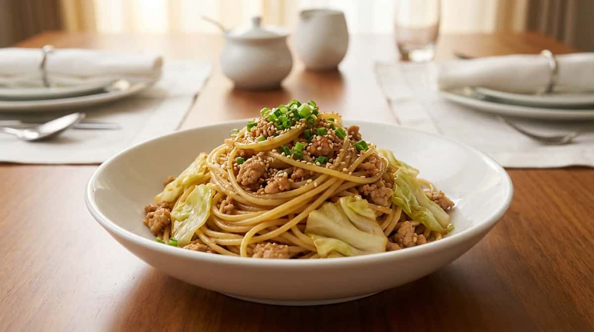 鶏ひき肉とキャベツのめんつゆ冷製パスタ（おつまみ）（完成イメージ）
