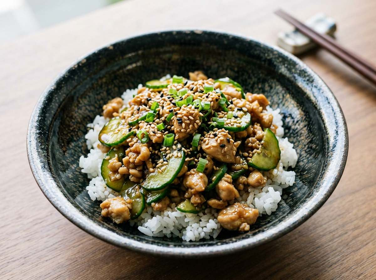 鶏ひき肉ときゅうりのバター醤油節約丼