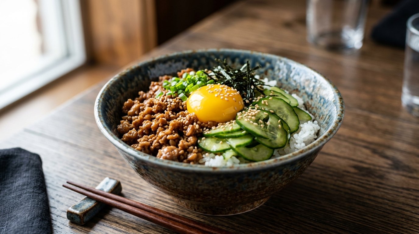 鶏ひき肉ときゅうりのめんつゆ丼
