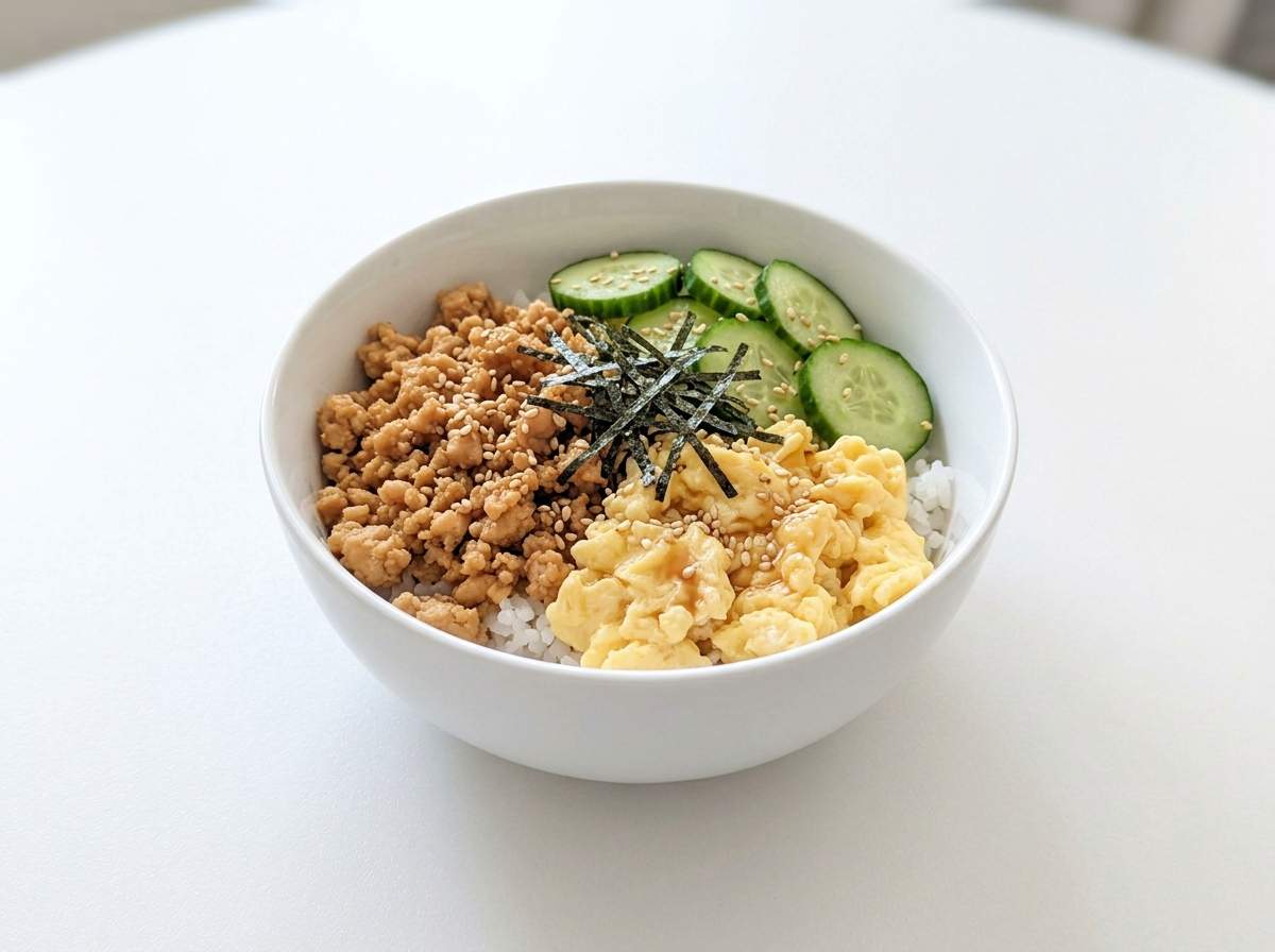 鶏そぼろときゅうりのめんつゆ親子丼