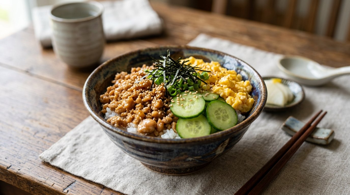 鶏そぼろときゅうりのめんつゆ親子丼