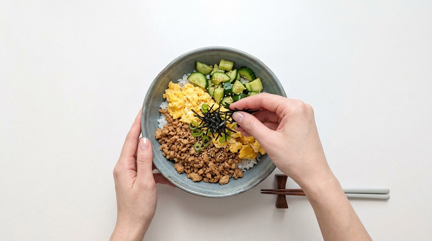 鶏そぼろときゅうりのめんつゆ親子丼（完成イメージ）