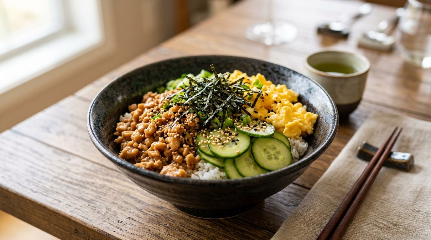 鶏そぼろときゅうりのめんつゆ親子丼（完成イメージ）