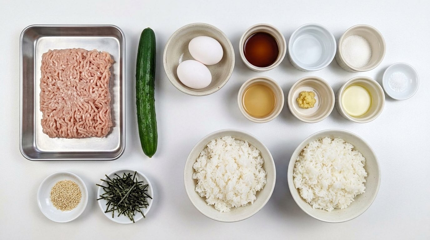 鶏そぼろときゅうりのめんつゆ親子丼（材料）