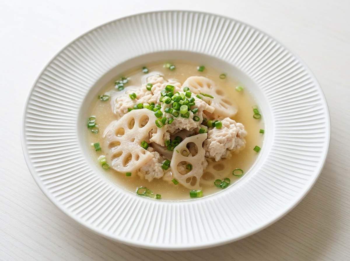 鶏ひき肉とれんこんのコンソメ蒸し