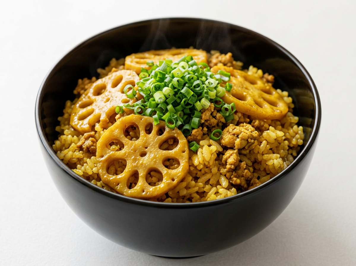 鶏ひき肉とれんこんのカレー炊き込みご飯