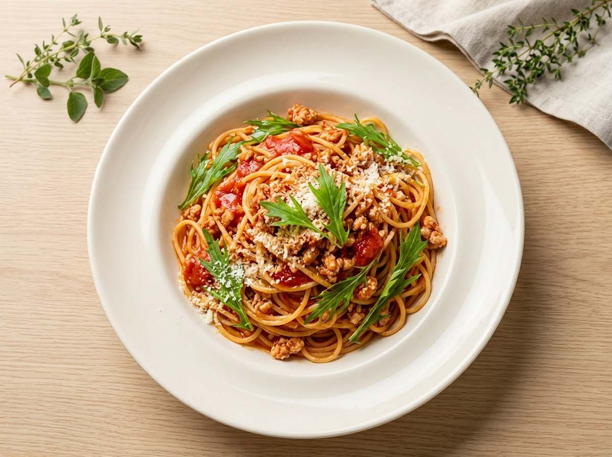 鶏ひき肉と水菜のトマト高タンパクパスタ