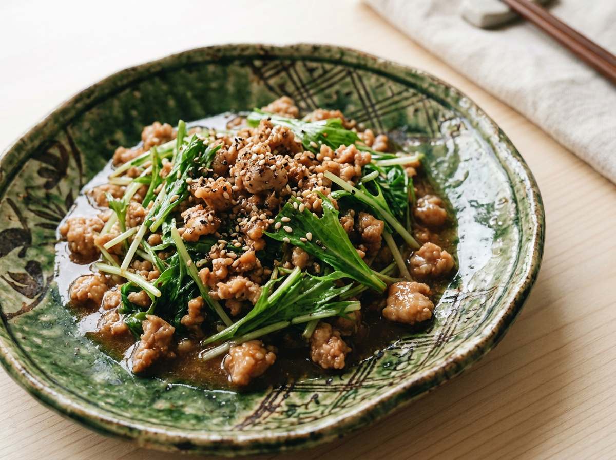 鶏ひき肉と水菜の味噌シャキシャキ炒め