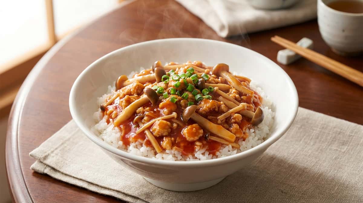 鶏ひき肉ときのこのケチャップ丼（完成イメージ）