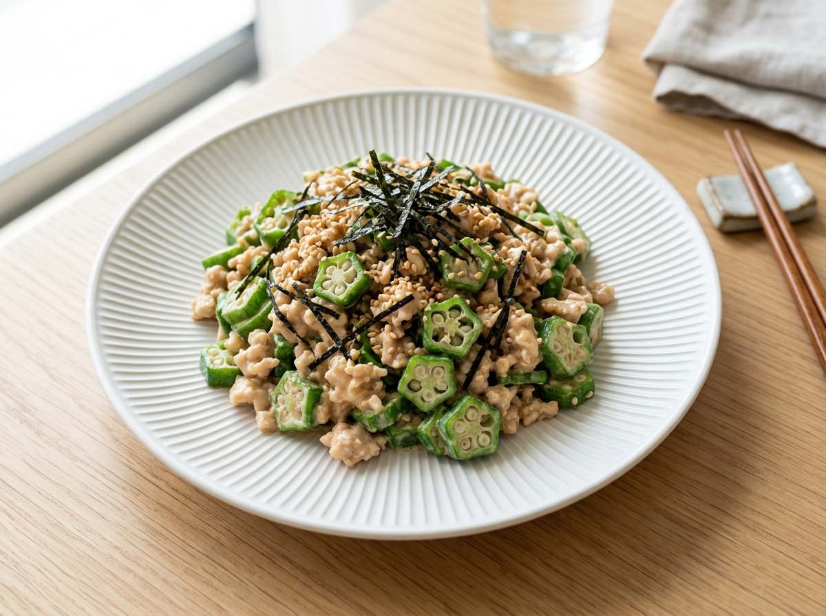 鶏ひき肉とオクラのガッツリマヨ和え