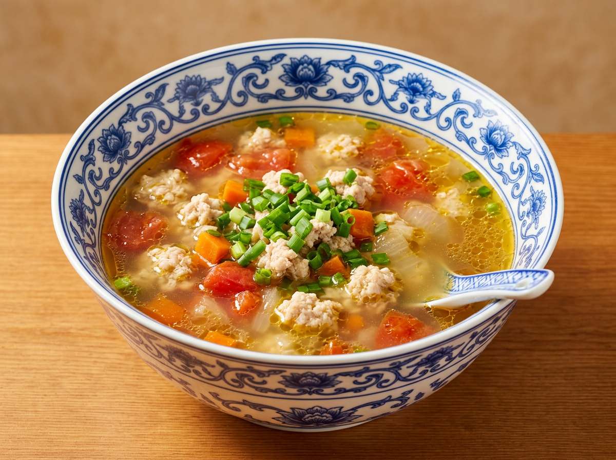 鶏ひき肉とトマトのごま油スープ