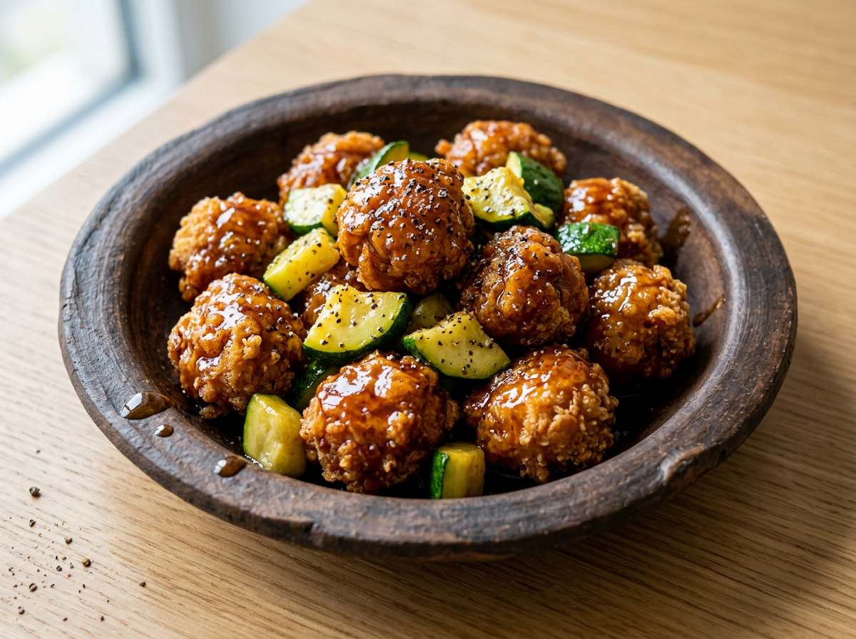 鶏ひき肉とズッキーニのバター醤油揚げ団子