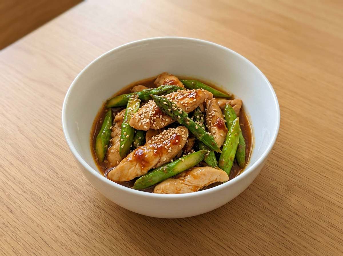 鶏ささみとアスパラガスのめんつゆピリ辛炒め