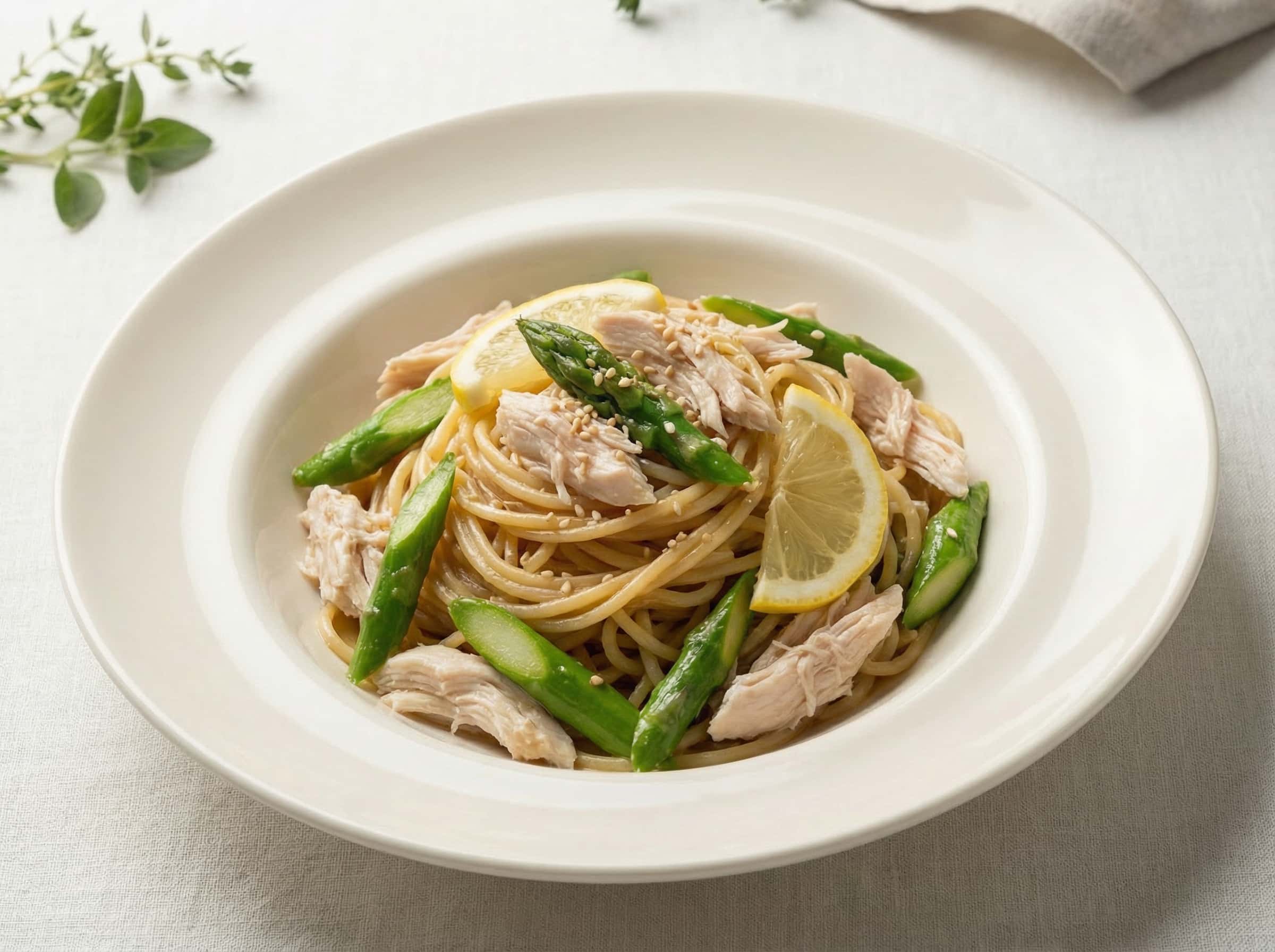 鶏ささみとアスパラの味噌レモン冷製パスタ