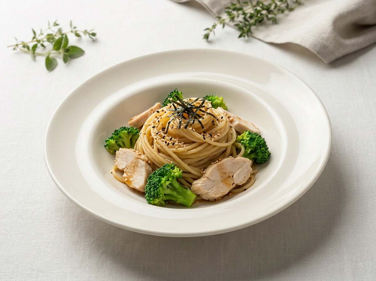 鶏ささみとブロッコリーのさっぱりポン酢パスタ