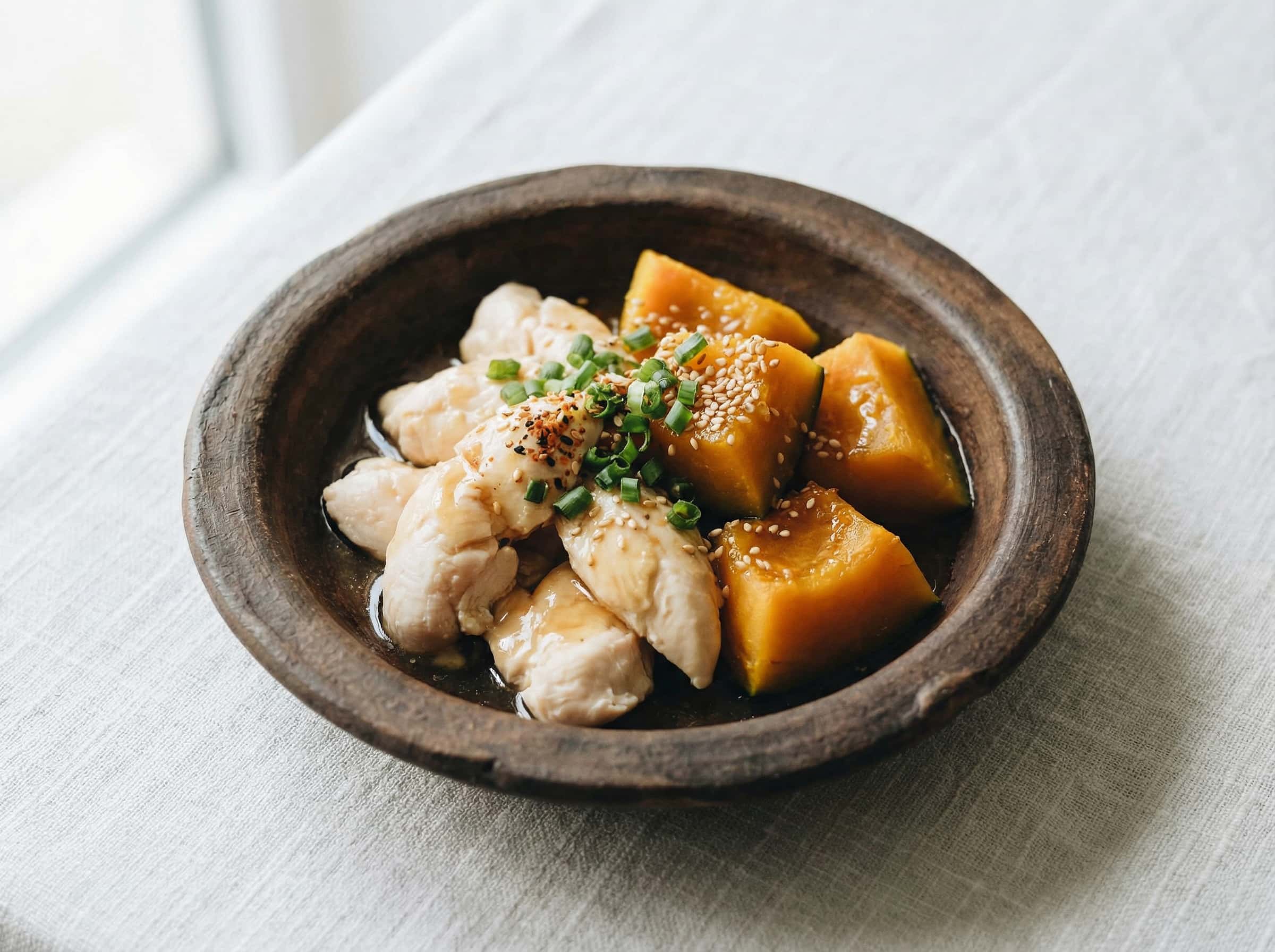 鶏ささみとかぼちゃのめんつゆレンジ蒸し