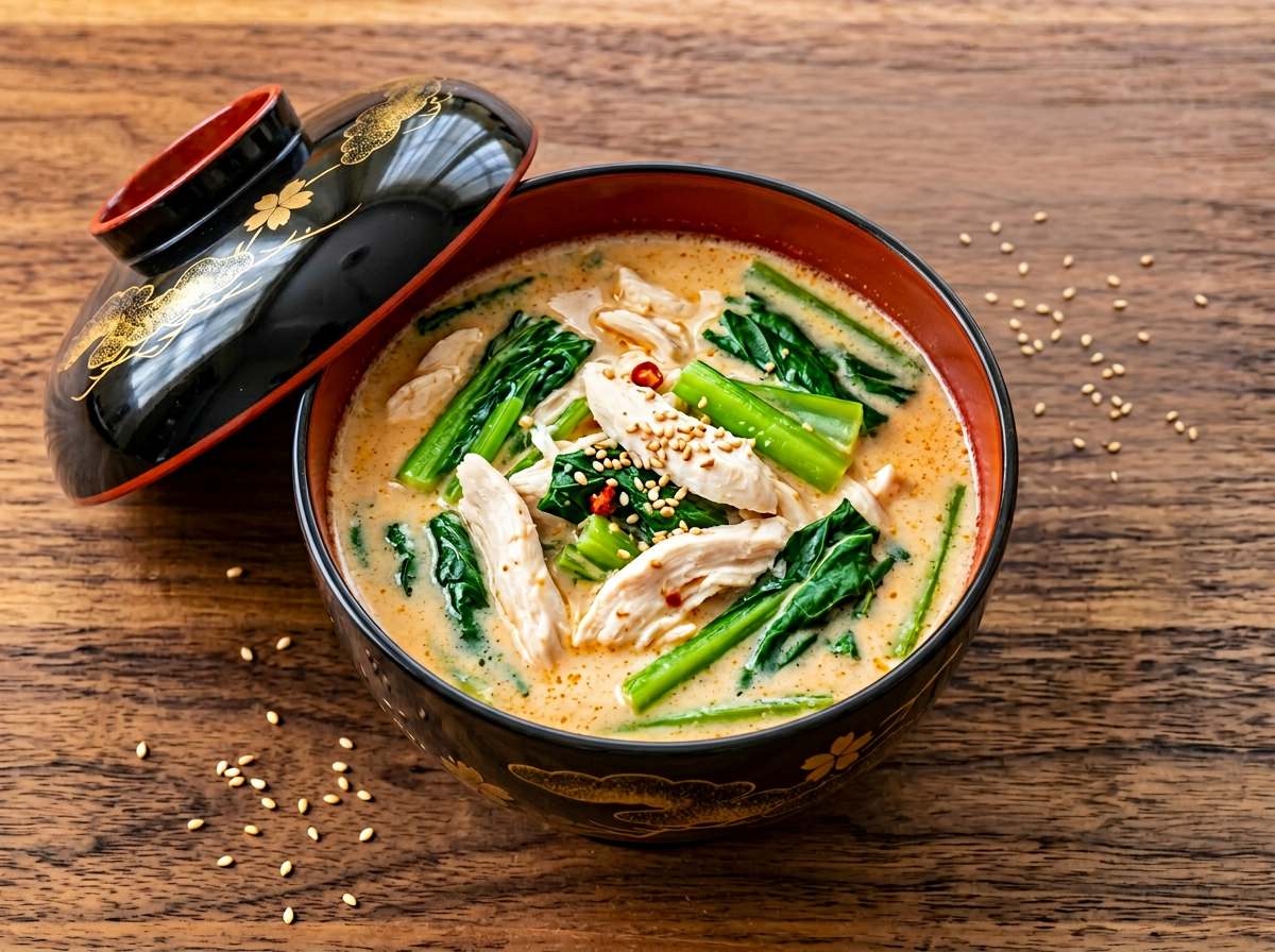 鶏ささみと小松菜のピリ辛マヨスープ