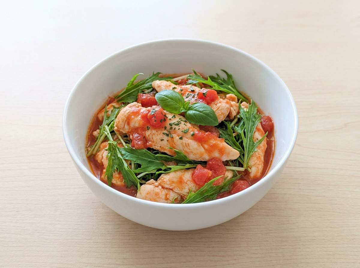 鶏ささみと水菜のレンジトマト蒸し