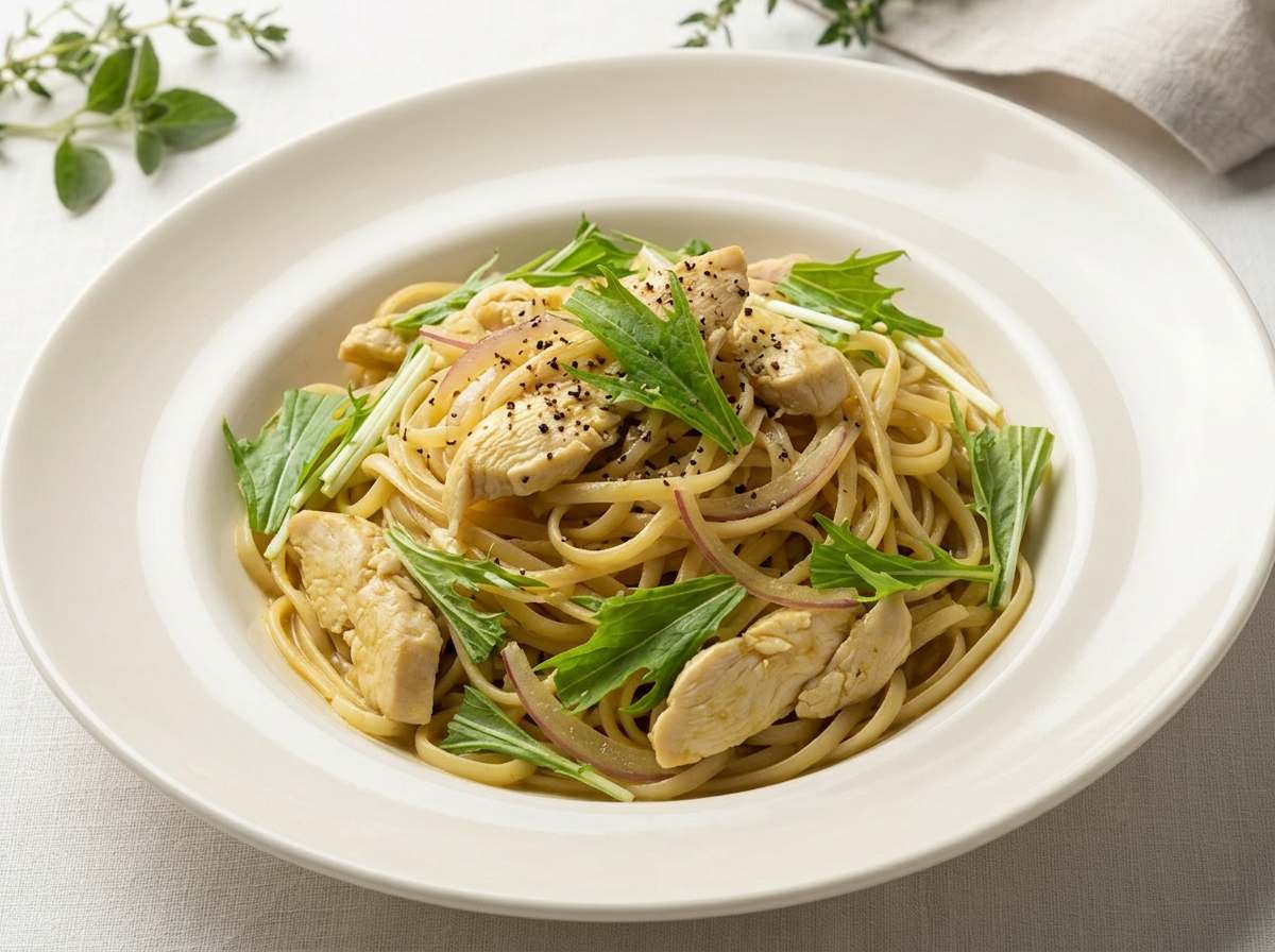 鶏ささみと水菜のカレー粉パスタ（作り置き）