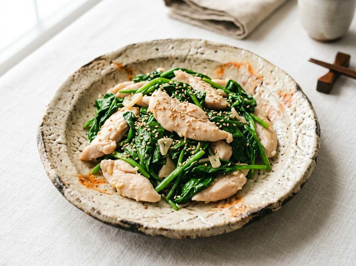 鶏ささみとほうれん草の鶏ガラ炒め