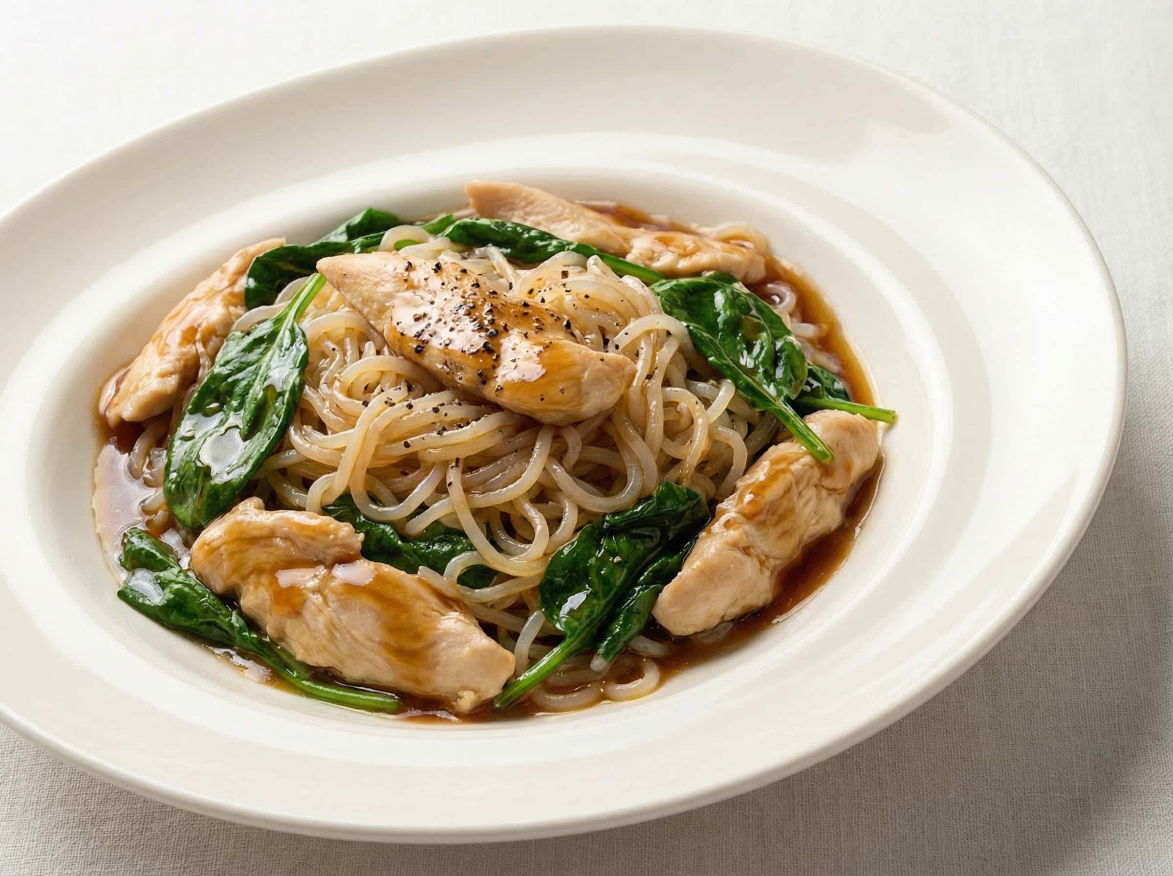 鶏ささみとほうれん草のオイスターソースしらたきパスタ