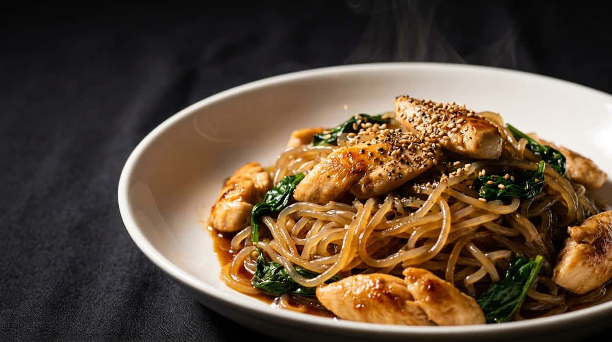 鶏ささみとほうれん草のオイスターソースしらたきパスタ（完成イメージ）