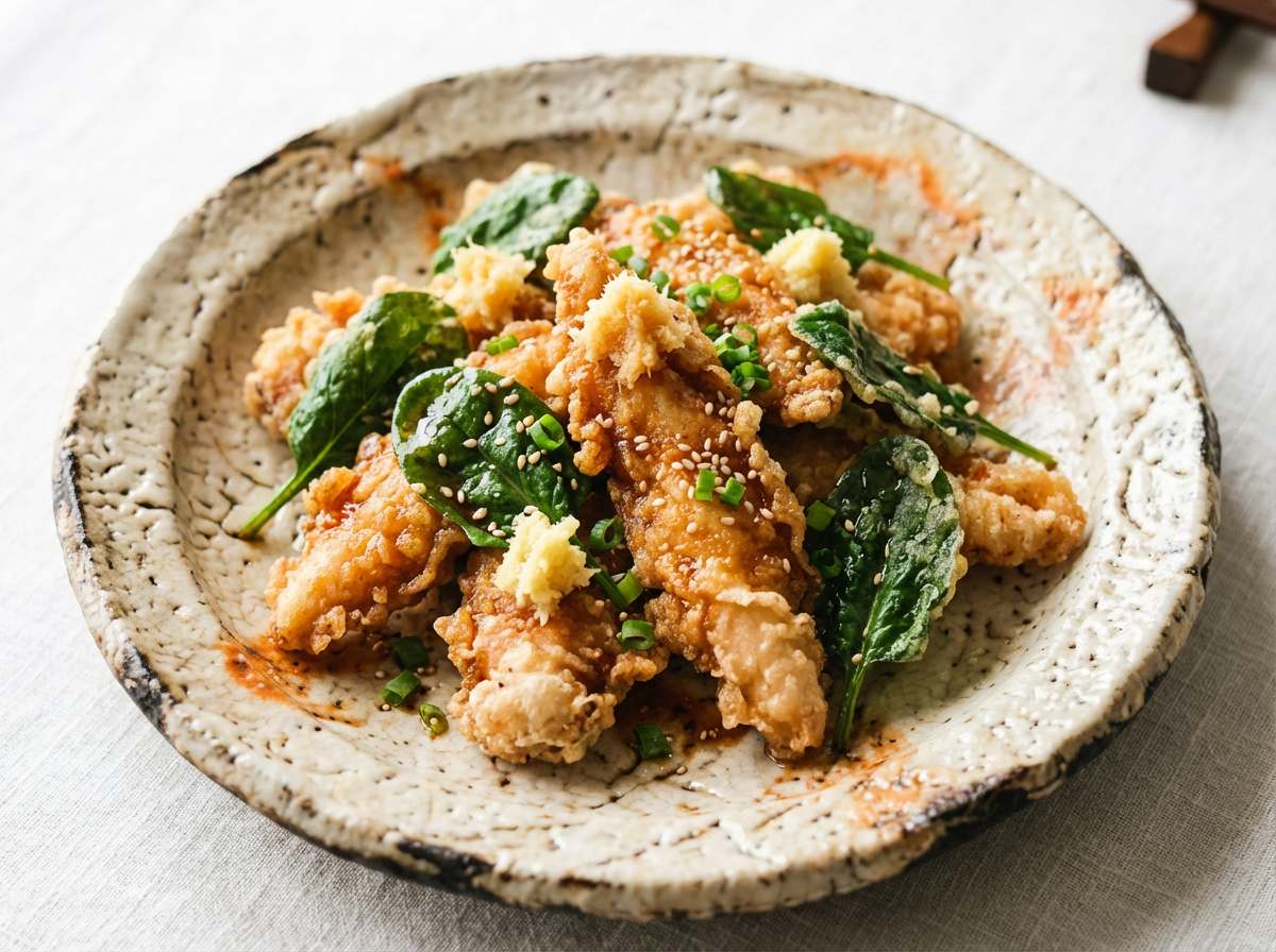 鶏ささみとほうれん草のサクサクポン酢揚げ