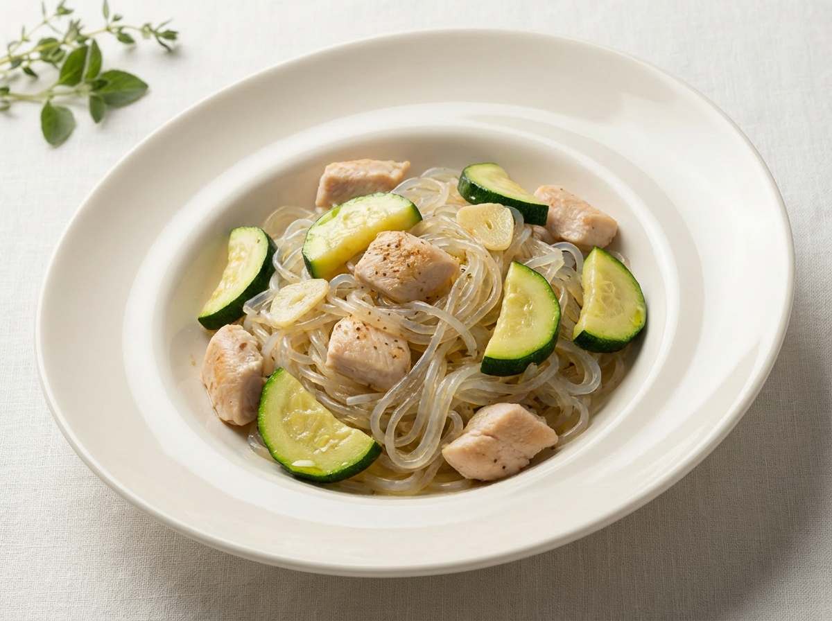 鶏ささみとズッキーニのコンソメパスタ（糖質オフ）