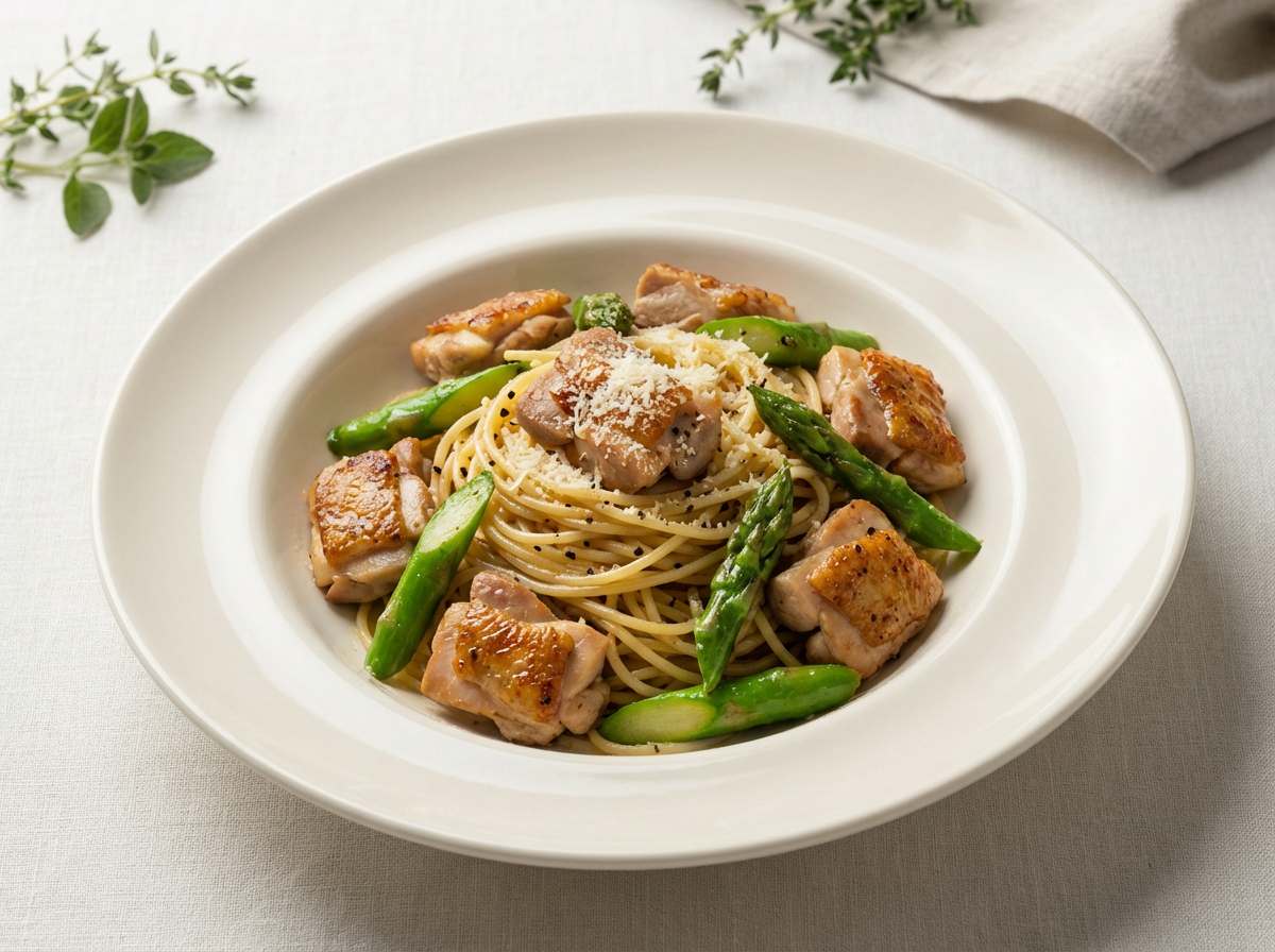 鶏もも肉とアスパラのバター醤油糖質オフパスタ