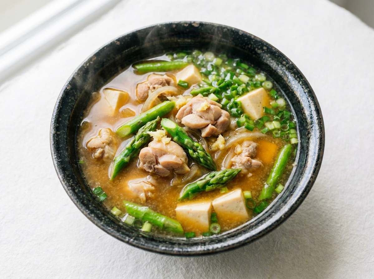 鶏もも肉とアスパラの味噌たんぱくスープ