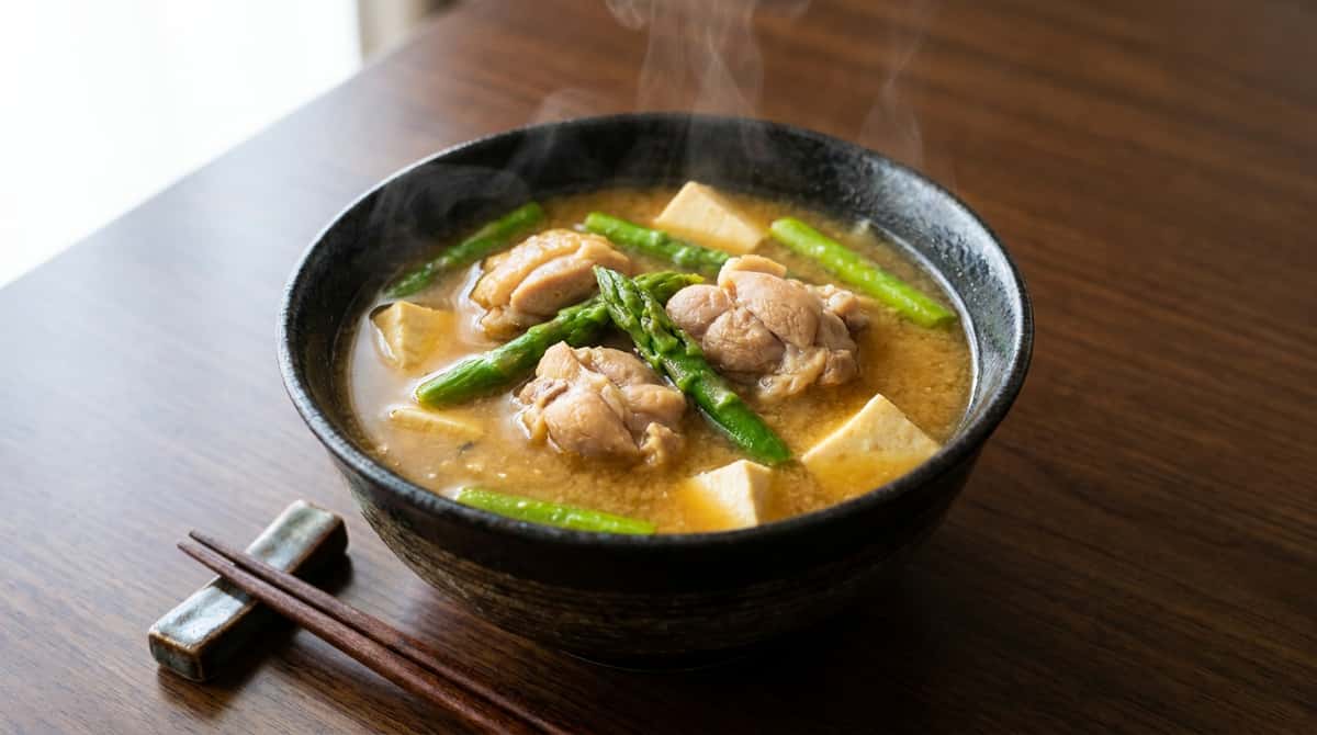 鶏もも肉とアスパラの味噌たんぱくスープ（完成イメージ）